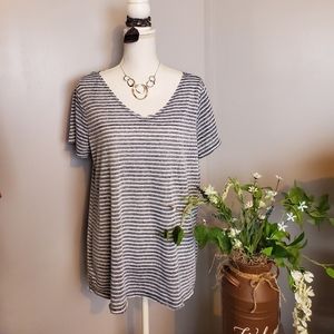 New navy and white striped v neck top